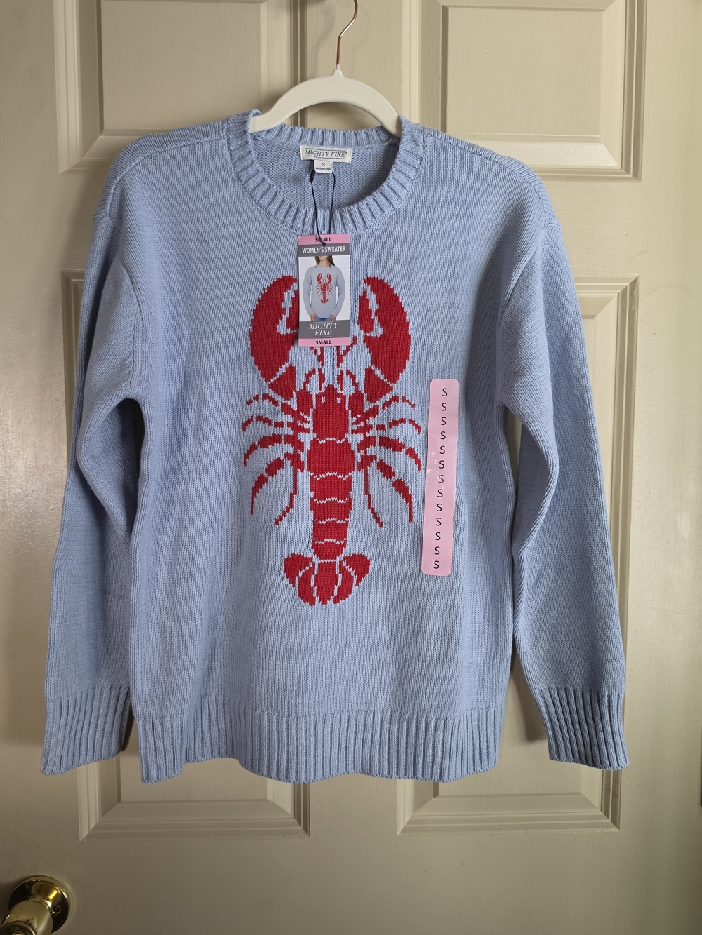 Mighty Fine Light Blue Crewneck Sweater with Red Lobster